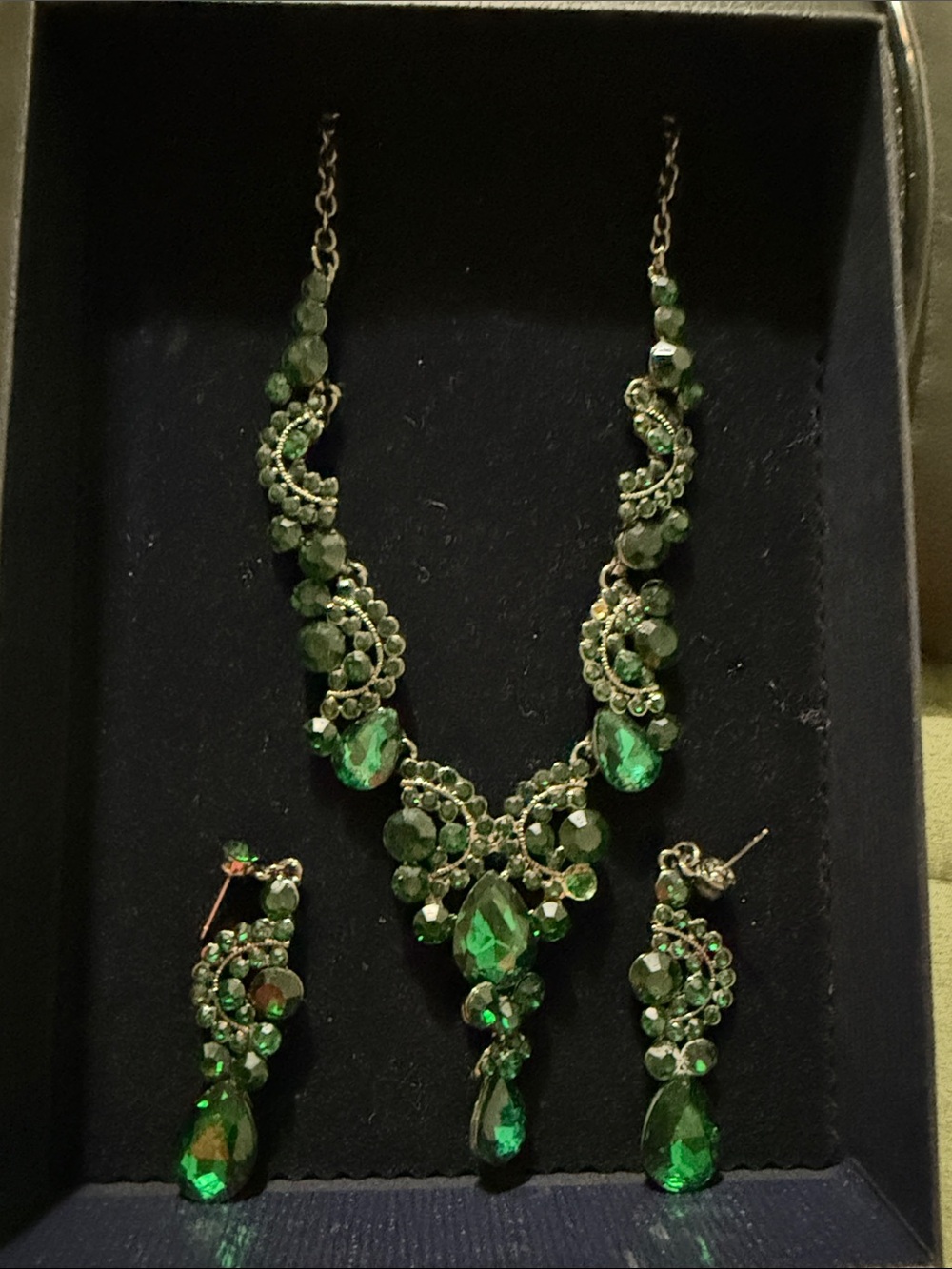 Green Crystal Teardrop Statement Necklace & Earring Set